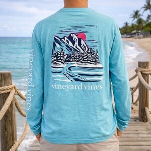 Vineyard Vines Dunes Tee Long Sleeve Shirt L Blue Mountains Graphic Whale Logo